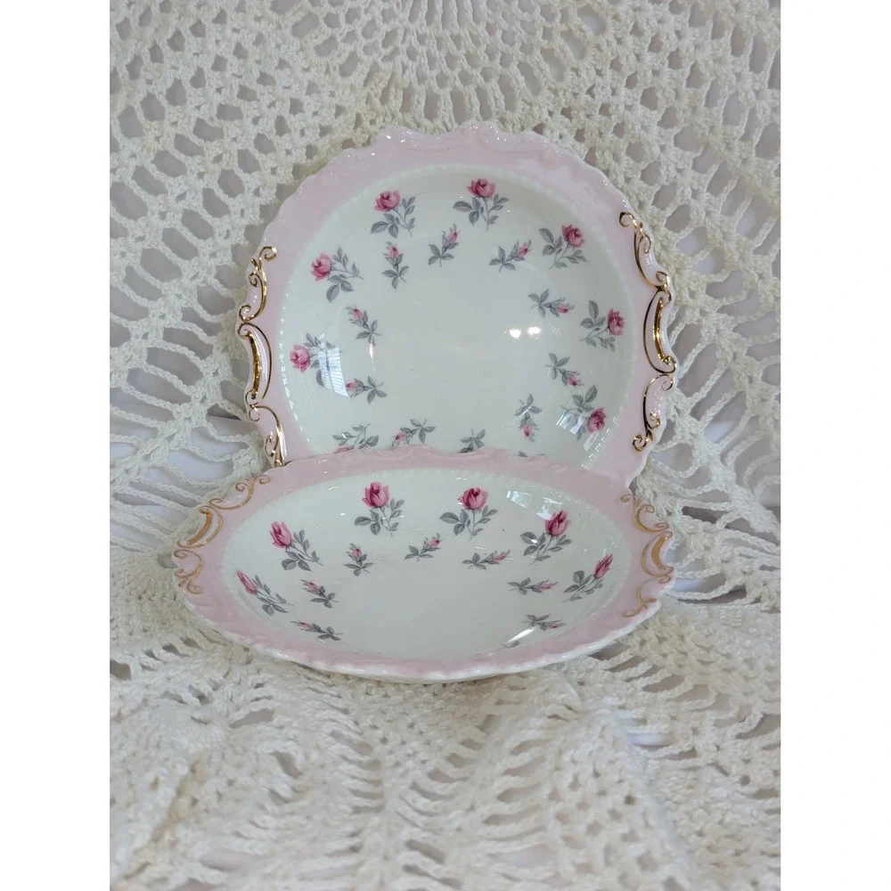 Royal Albert Pink Rose Bone China Shallow Berry Nut Dessert Bowls Set of 2 Gold